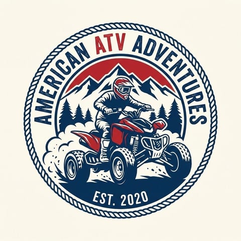 American ATV Adventures circular logo badge featuring an ATV rider with mountains and pine trees, established 2020